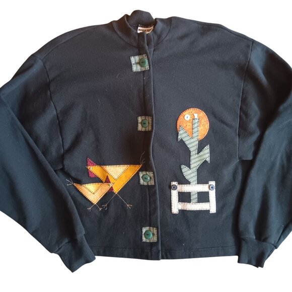 Large Vintage Granny Fleece Cardigan Folk Art Chicken Appliqué Embroidered 90s - Picture 1 of 6